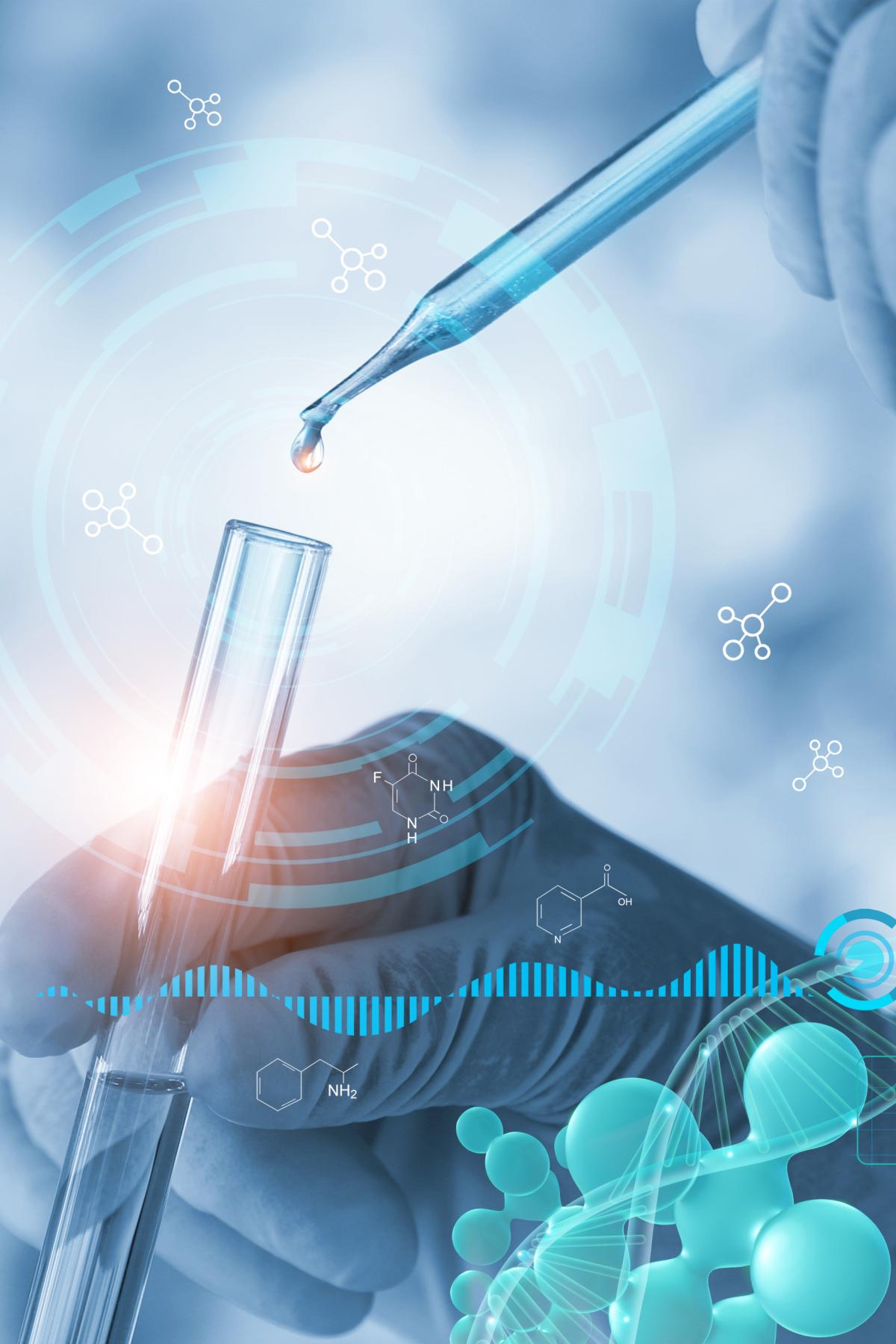 In de wetenschap en de geneeskunde experimenteren wetenschappers met de analyse met een modelmolecule en de afzetting van een monster in een buisje/En science et en médecine, les scientifiques expérimentent l'analyse d'une molécule modèle et le dépôt d'un échantillon dans un tube.